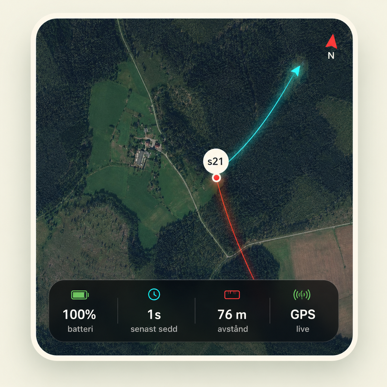 Jaktpejl karta med hundspår, kompass och live-status för batteri, senast sedd, avstånd och GPS.